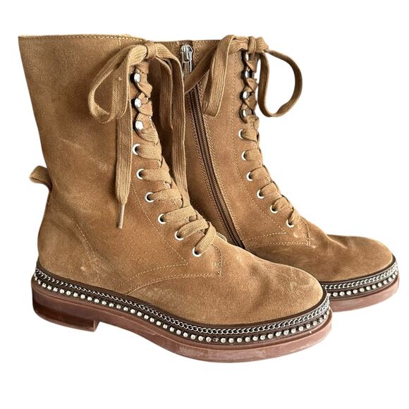 Vince Camuto Women's Branda Lace Up Booties Tan Suede Chains & Rhinestones - 8 - Picture 2 of 11
